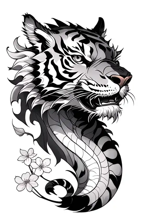Tiger And A Dragon With Cherry Blossoms