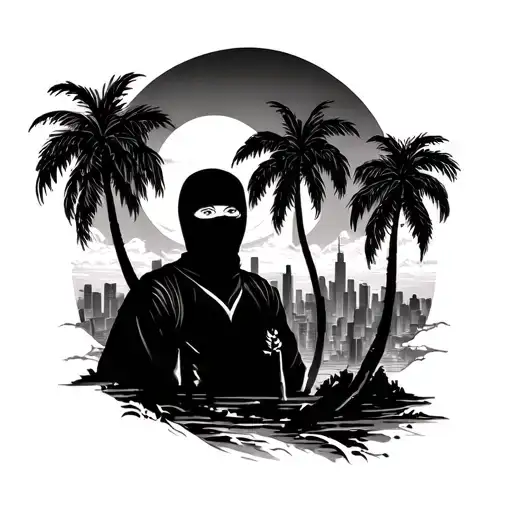 Men In Balaclava Palm Trees Rising Sun City Skyline