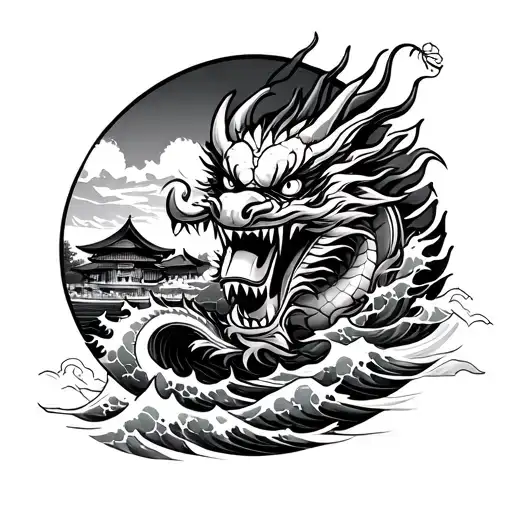 Leg Sleeve Japanese Dragon And Oni Mask Surrounded By Waves And A Japanese Village