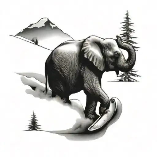 A Black-grey Tattoo Of An Elephant Snowshoeing In A Snowy Landscape