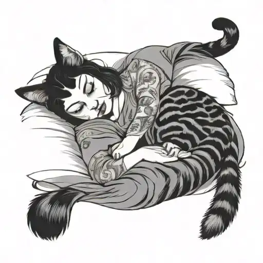 A Woman Laying In Bed With A Cat