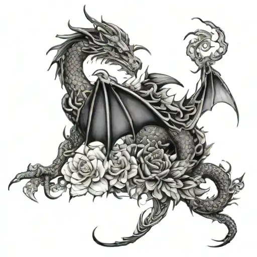 An Eerie Gothic Scene Featuring A Dragon Intertwined With Dark Floral Patterns
