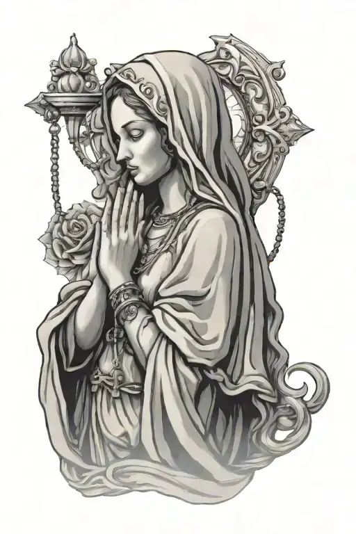 Virgin Mary Praying Hands Holding Rosary Beads