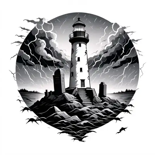 Lighthouse In Thunderstorm With Cemetary