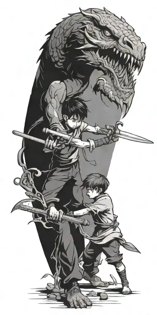 One Boy With Sword Fights Creature