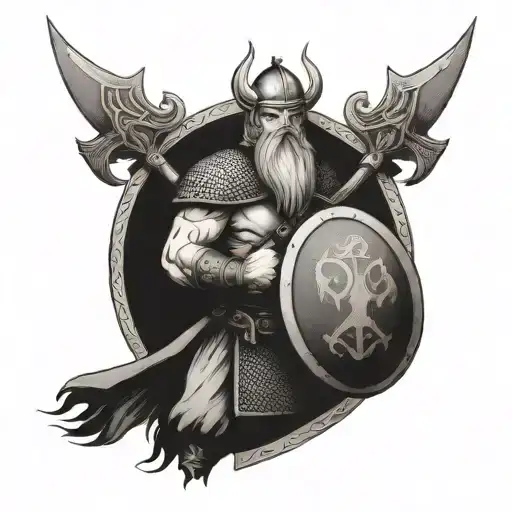 Viking With Little Girl And Shield Crossed