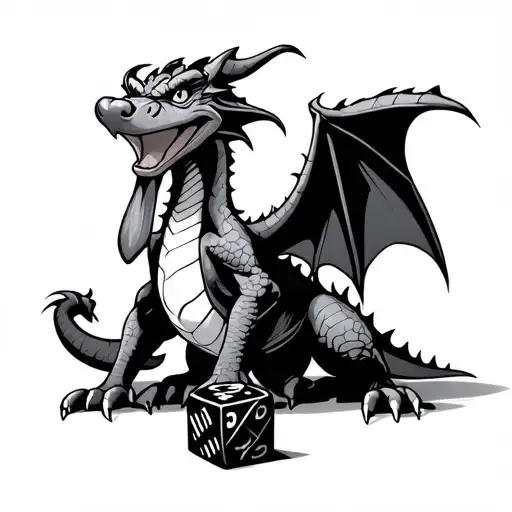 Goofy Dragon Sitting On D20 Dice Linework