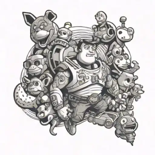 Full Arm Tattoo With Toys Story Cartoon Design Featuring