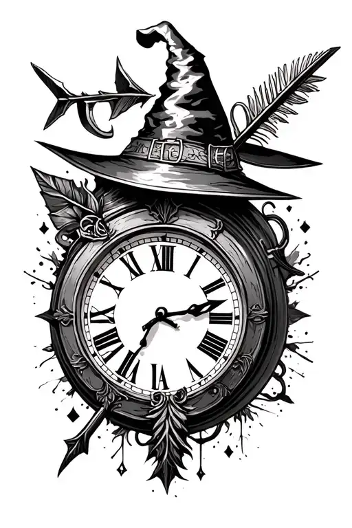 Arrow With Witch And Clock With Roman Numbers Vintage Style