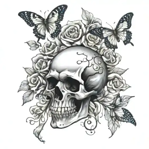 Skull And Flowers And Butterflies Flying
