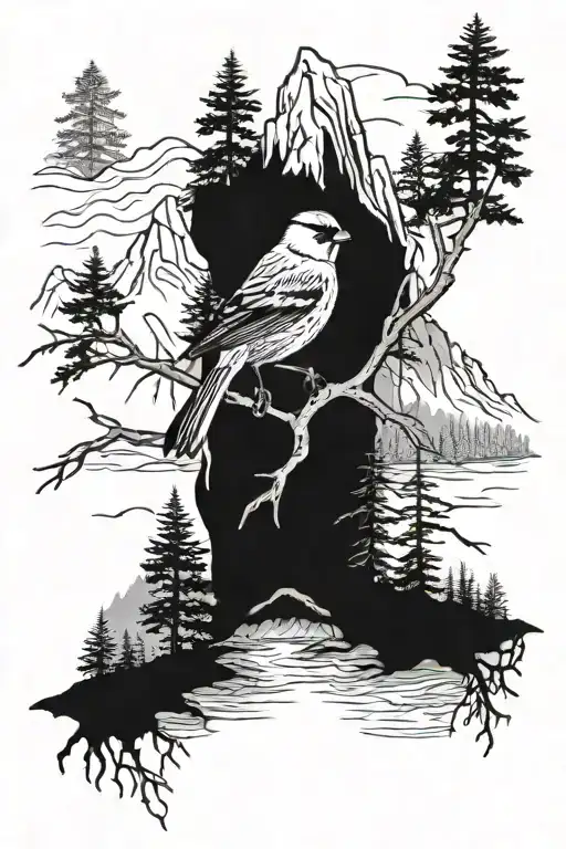Mountains And Western Hemlock Trees With River And Gold Finch