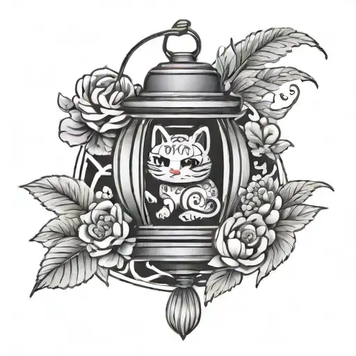Japanese Lantern With Coin And Lucky Cat