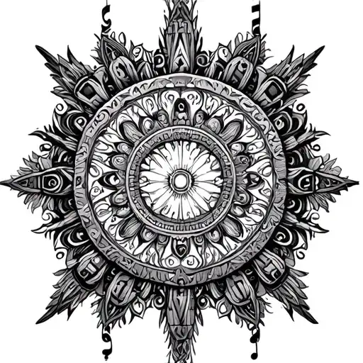 An Intricate Mandala Design With Hidden References To Warhammer 40K And Music Symbols