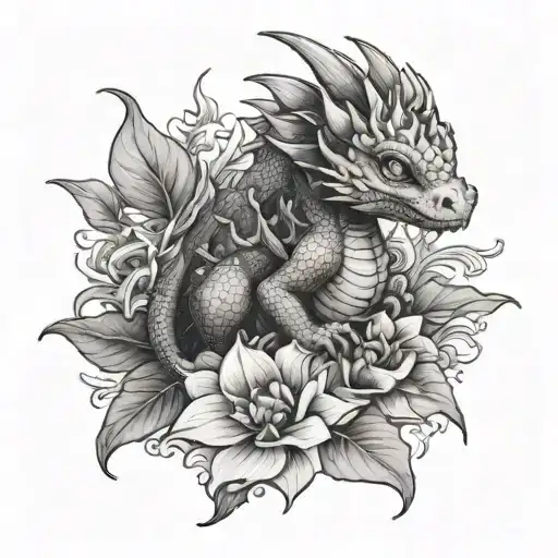 Baby Dragon Holding A Dalia Flower Blooming