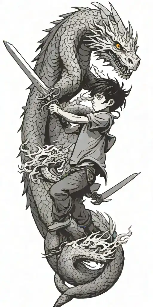 One Boy With Sword Fights Dragon