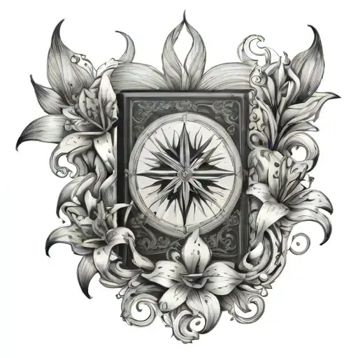 Book With Tiger Lily Flowers And North Compass