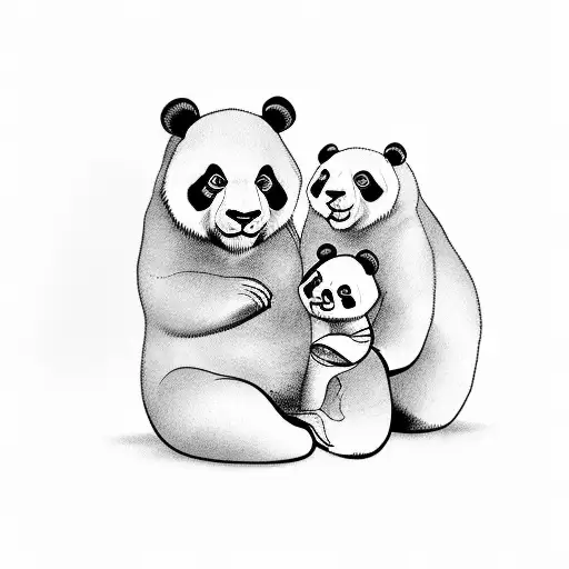 Father Panda With 3 Panda Babies