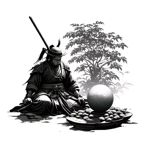 Samurai Warrior In A Garden Than A Gardener In A Ball Sleeping