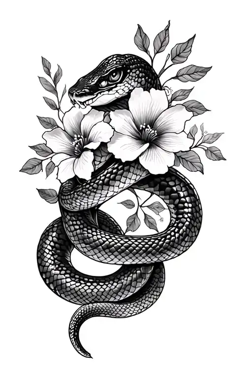 Snake Wrapped Around Thigh Tattoo With Flowers
