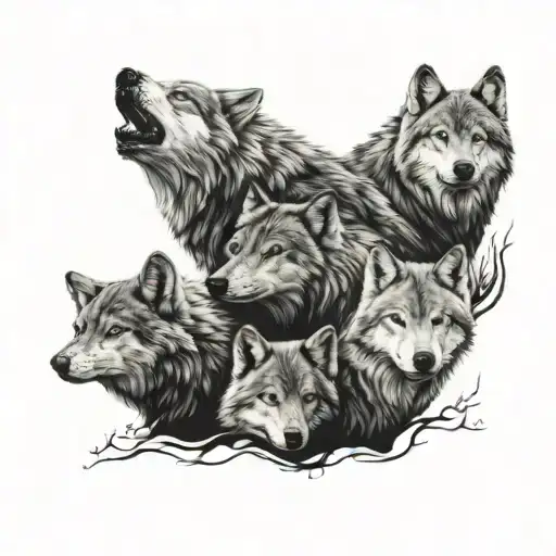 Couple Of Wolves And 3 Cubs Of Different Ages