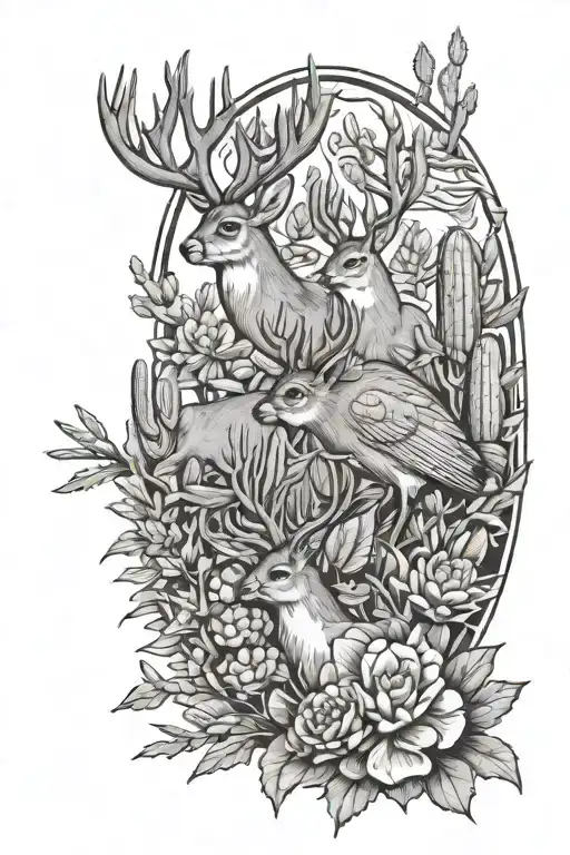 Buck And Doe Surrounded By Cactus Paddles With Male And Female Cardinals