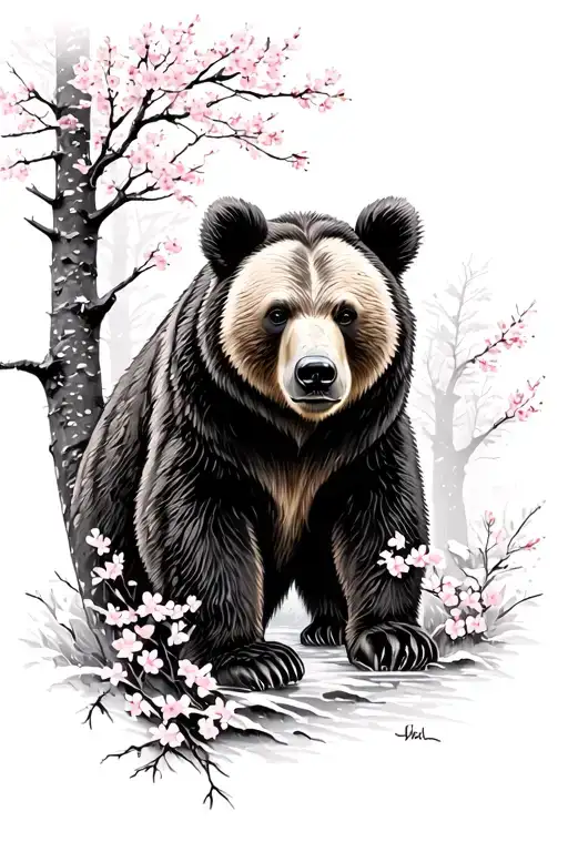 Bear In Forest And Cherry Blossoms