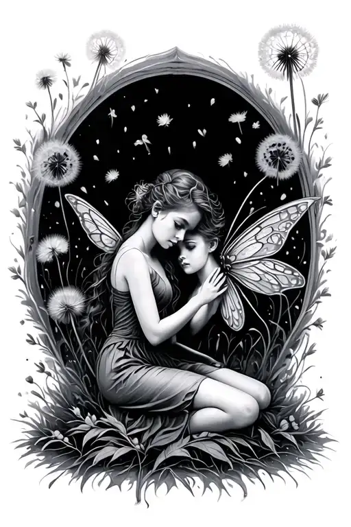 Fairies Dancing Dandelion Flower And Sitting