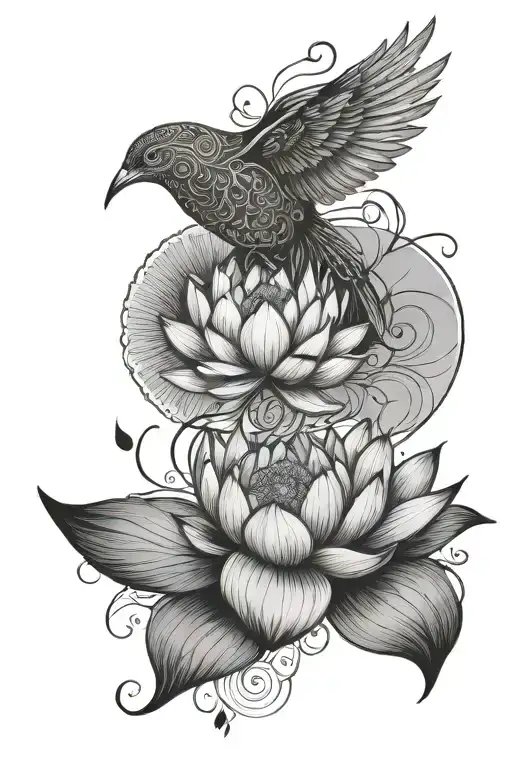 Unalome With Lotus And Bird Wings Spread