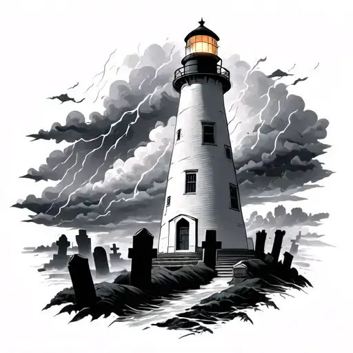Lighthouse In Thunderstorm With Cemetary