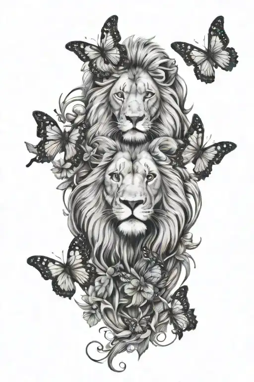 Lion With 5 Butterflies Flying Together