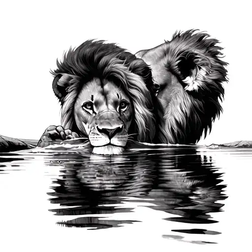 Simba Looking Into The Water And Seeing Mufasa In His Reflection