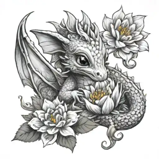 Cute Baby Dragon Holding A Dalia Flower Blooming Tattoo