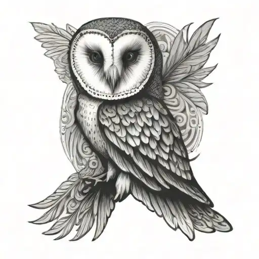 Barn Owl Face On With Wings Spread In A Patterned Background