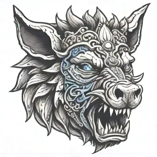 Boar Head On Armor Wearing A Crown With Blue Eyes Mouth Open And Tusks Showing
