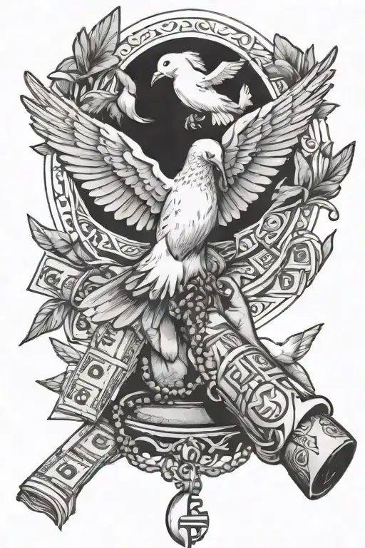 Praying Hands Holding Rosary And Money With Doves Flying Off