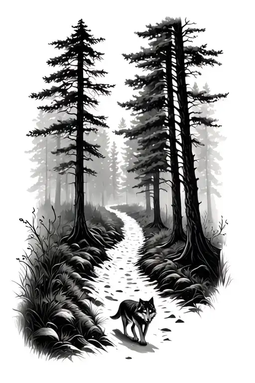 Forest With A Path And A Wolf Walking