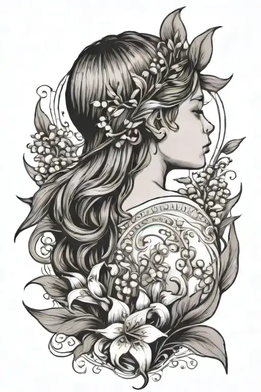 Outline Side Profile Of Baby With Lily Of The Valley Flowers And Delilah Name Running Down