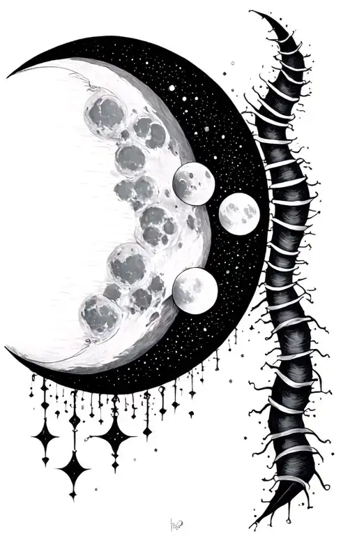 Black And White Spine Tattoo Of Moon Phases With Celestial Them