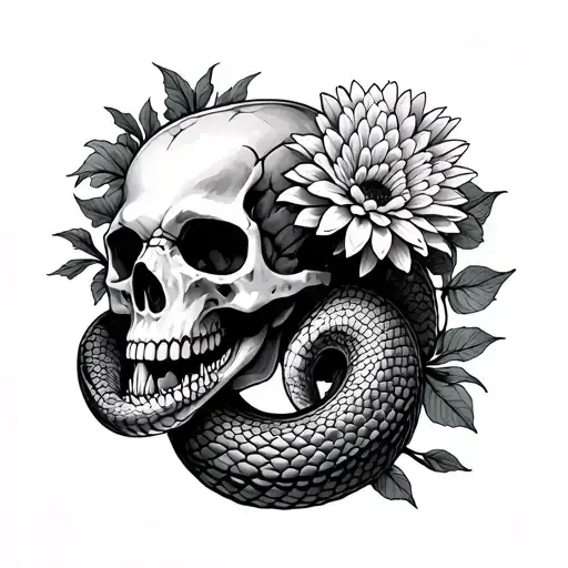 Skull Eating Snake And Chrysantemum