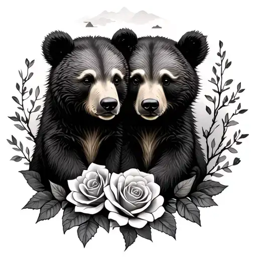 Bear Cubs With Roses And Tree