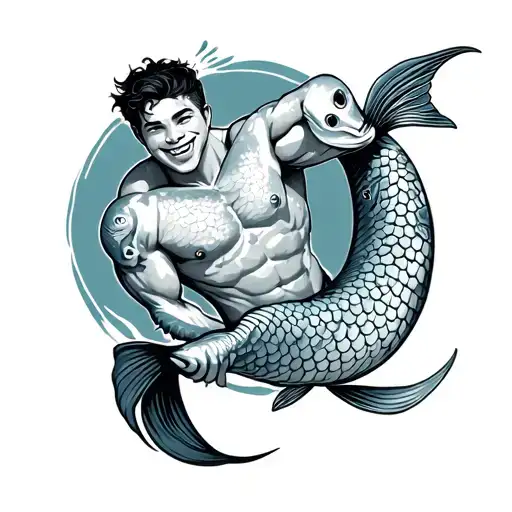Muscular Merman Short Hair Swimming With Fish Smiling