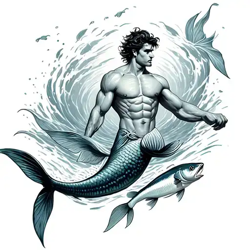 Muscular Merman Swimming With Fish Swimming Upstream