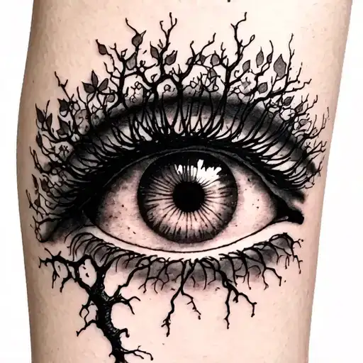 Forearm Tattoo Of A Poison Tree Where The Roots Go Into The Eyelashes Of An Eye On The Hand