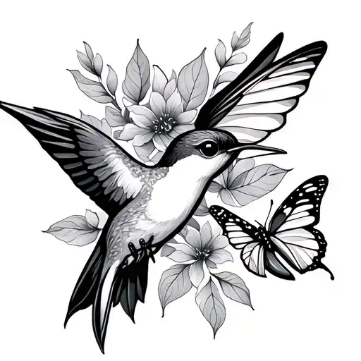Minimalistic Lineart Tattoo Of A Hummingbird And A Butterfly