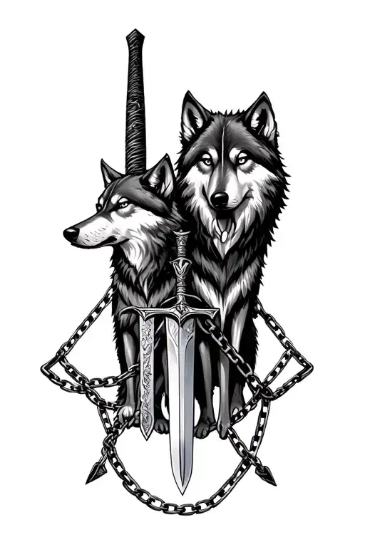 Two Wolfes With Chains And A Sword