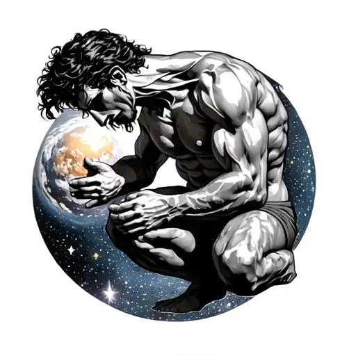 Atlas Kneeling Holding The Galaxy Filled With Stars
