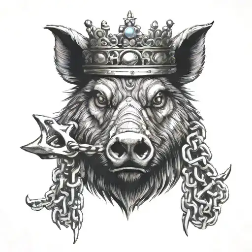 Boar Head With Blue Eyes Wearing A Crown In Chains With A Petterned Background
