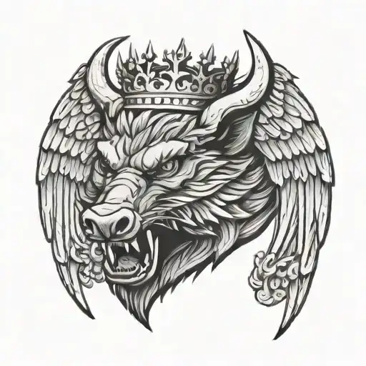 Angry Boar Head On A Sword And Wings Wearing A Crown