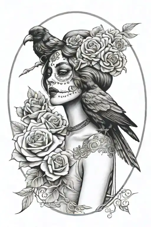 Woman Day Of The Dead Roses And Crow
