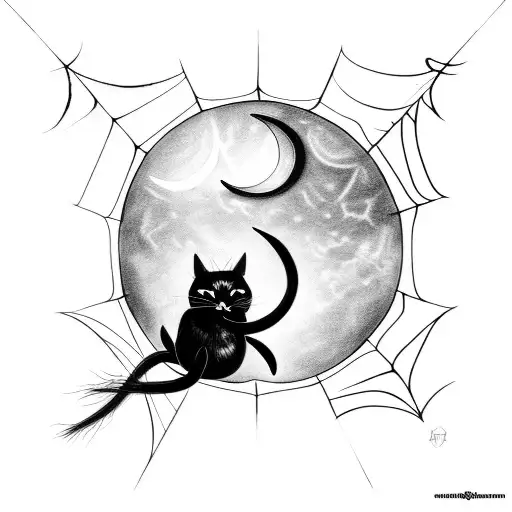 Black Cat With Spider Webs And Crescent Moon